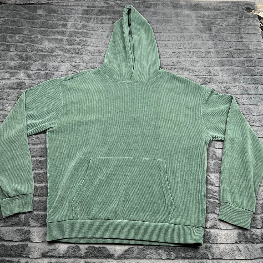 Negative Space Mens Corduroy Hoodie Sage Green Ribbed Pullover Medium 11980